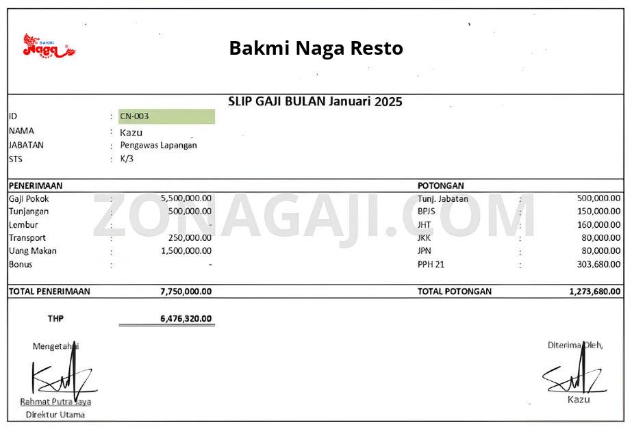 Slip Gaji Bakmi Naga Resto