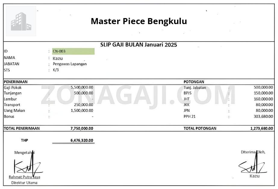 Slip Gaji Master Piece Bengkulu