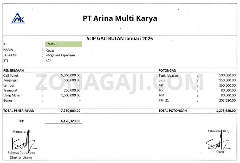 Slip Gaji PT Arina Multi Karya