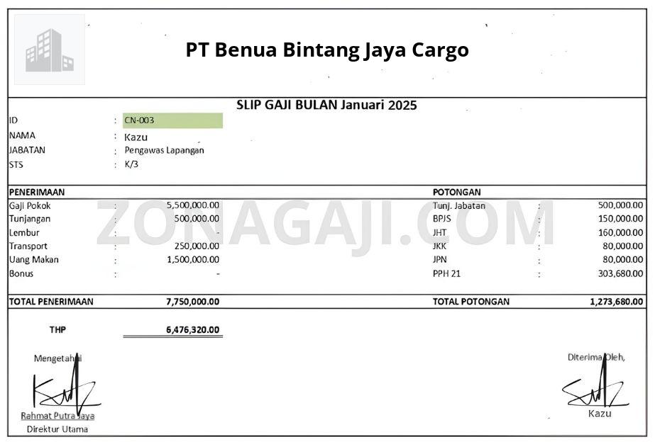 Slip Gaji PT Benua Bintang Jaya Cargo