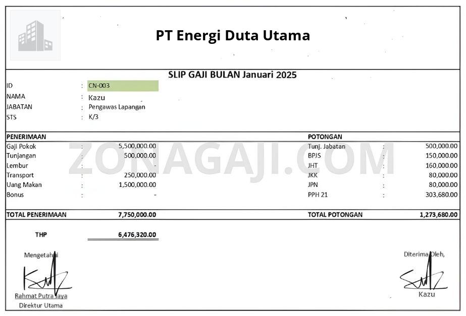 Slip Gaji PT Energi Duta Utama