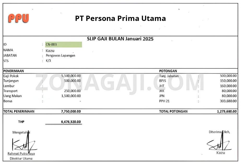 Slip Gaji PT Persona Prima Utama