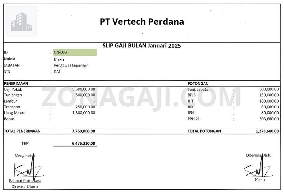 Slip Gaji PT Vertech Perdana