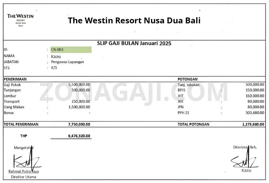 Slip Gaji The Westin Resort Nusa Dua Bali