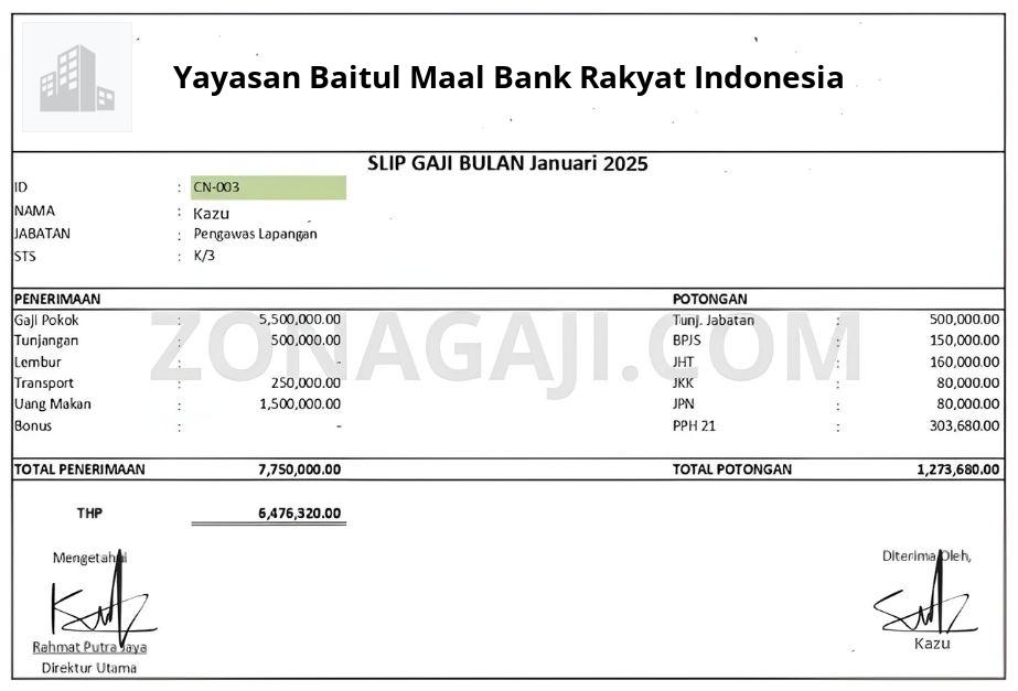 Slip Gaji Yayasan Baitul Maal Bank Rakyat Indonesia